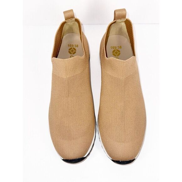 Womens Sport Mesh Knit Sneaker Beige 7.5/38 Tan Walking Sock Shoes Casual No Tie - Picture 4 of 11
